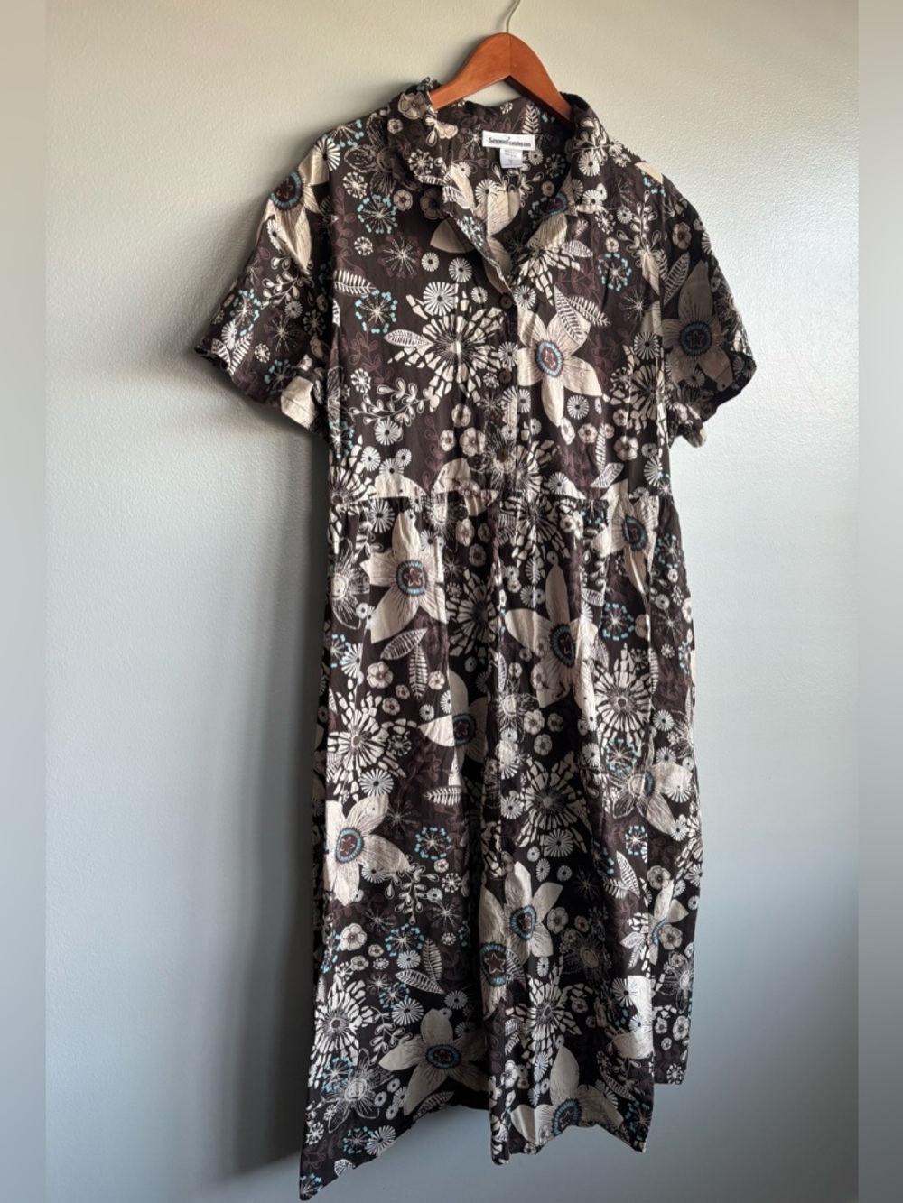 Serengeti Brown Tan Floral Full Button Short Sleeve Cotton Collar Midi Dress 2X - Picture 3 of 8
